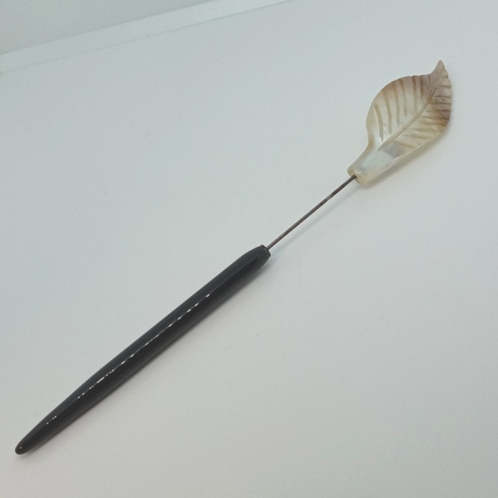 * antique vintage 5" carved Mother of Pearl leaf HAT PIN with glass sheath